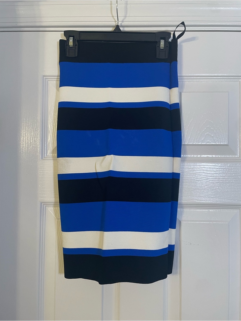 BCBGMaxAzria Striped Bandage Knit Power Pencil Skirt Royal Blue Black White XS